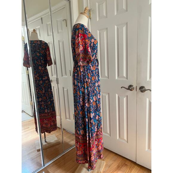 Pretty Garden Multicolor Floral Short Sleeve Cinch Waist Lightweight Maxi Dress - Picture 2 of 11
